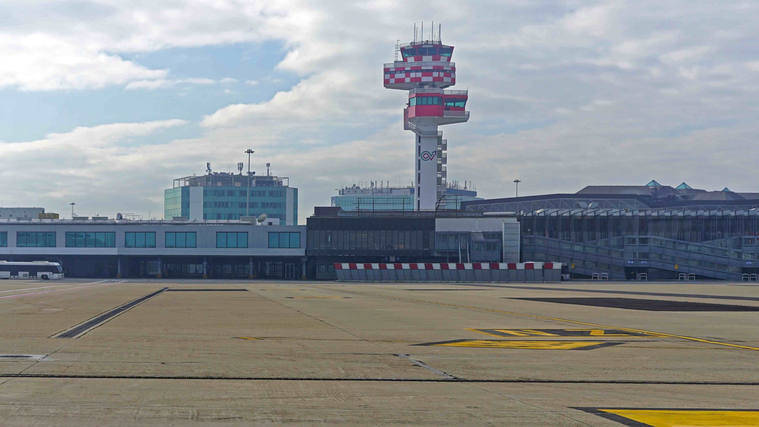 View of Fiumicino Airport tower and the terminal, in Rome, Italy.