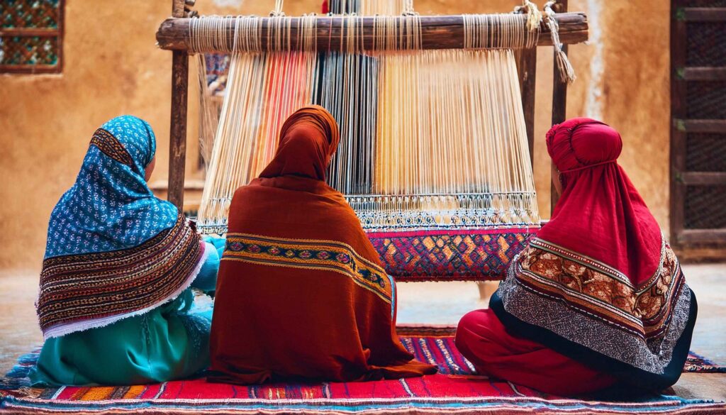 Three women sitting in front of a loom, weaving rugs, wearing traditional clothes.
