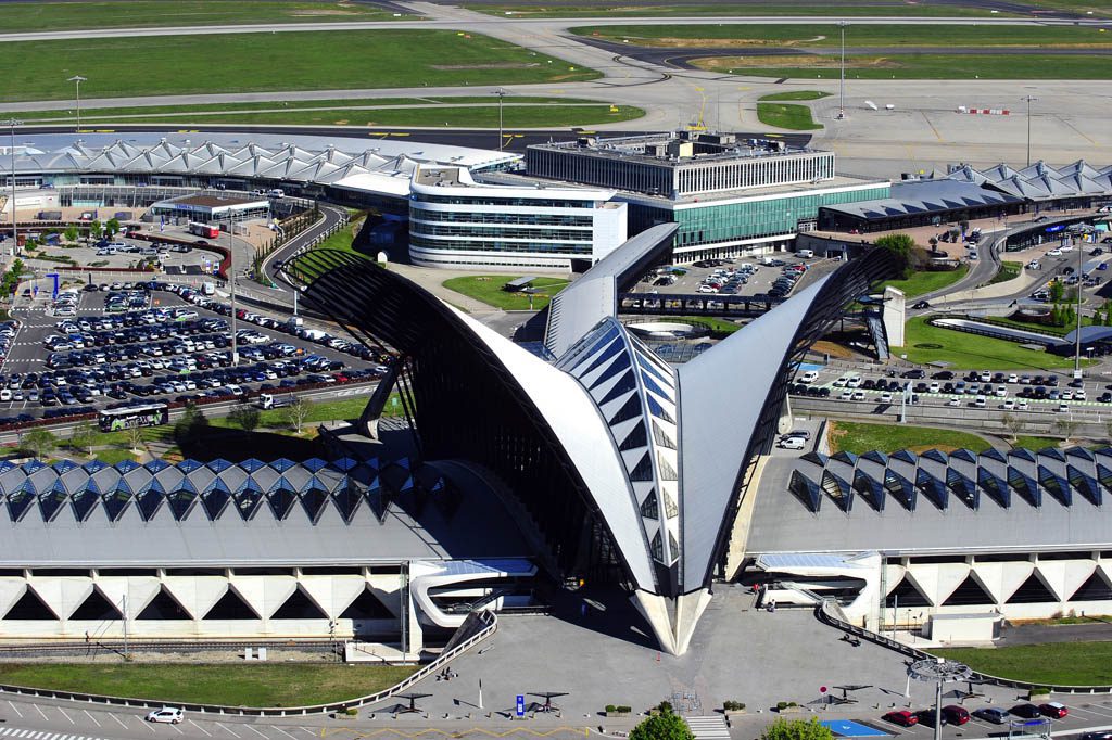 aerial view of Lyon Airport's unique v-shaped building and jutting roof