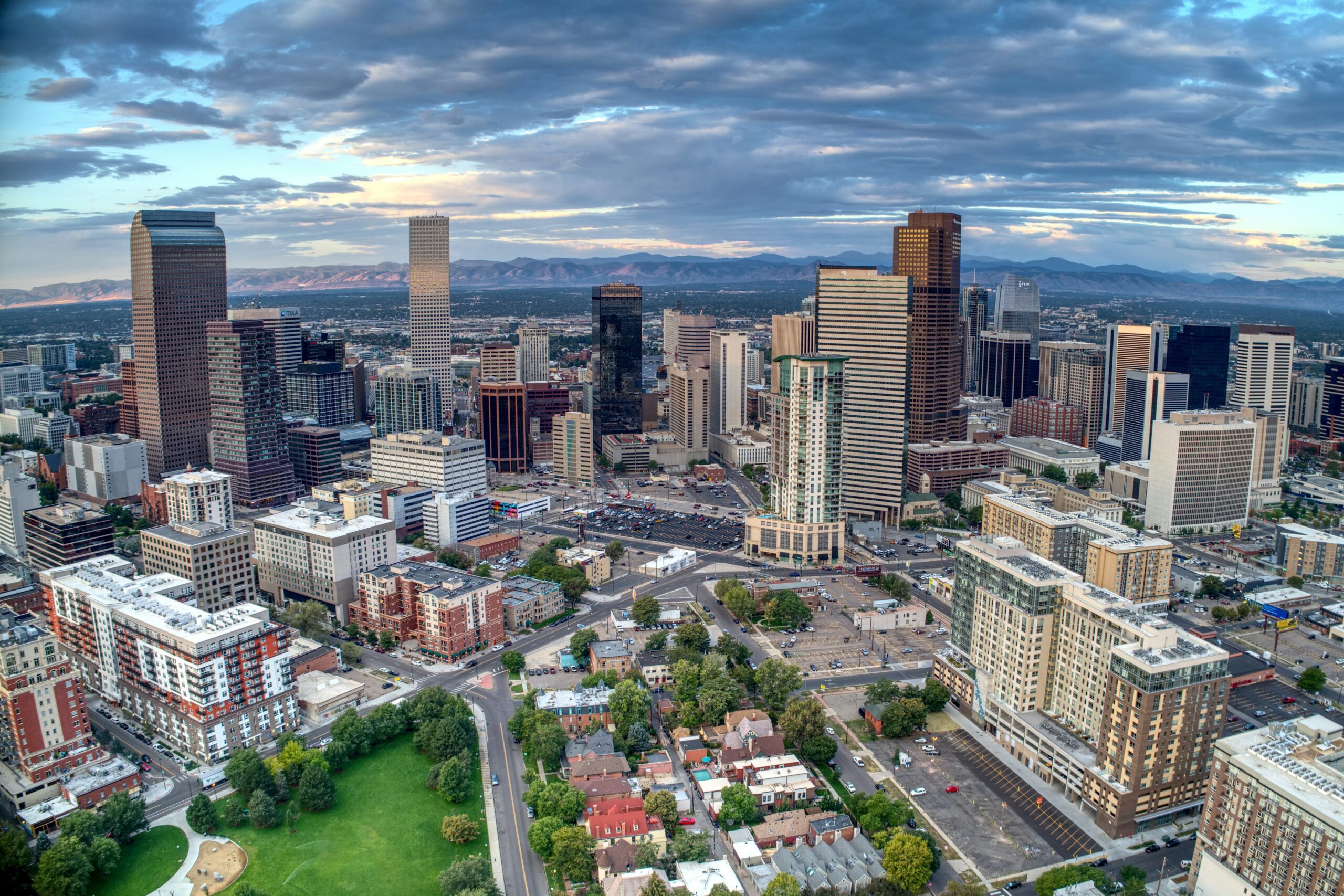 An aerial view of Denver City with lots of skyrise buildings.