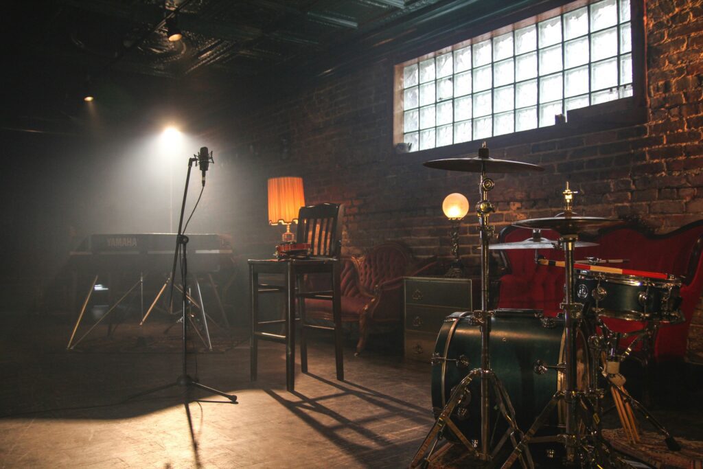 A stage for live music in a bar