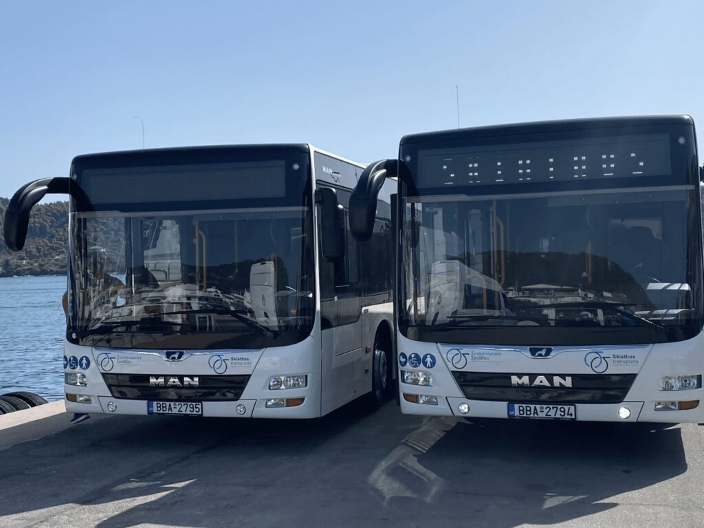 Two new buses side by side in Skiathos, Greece