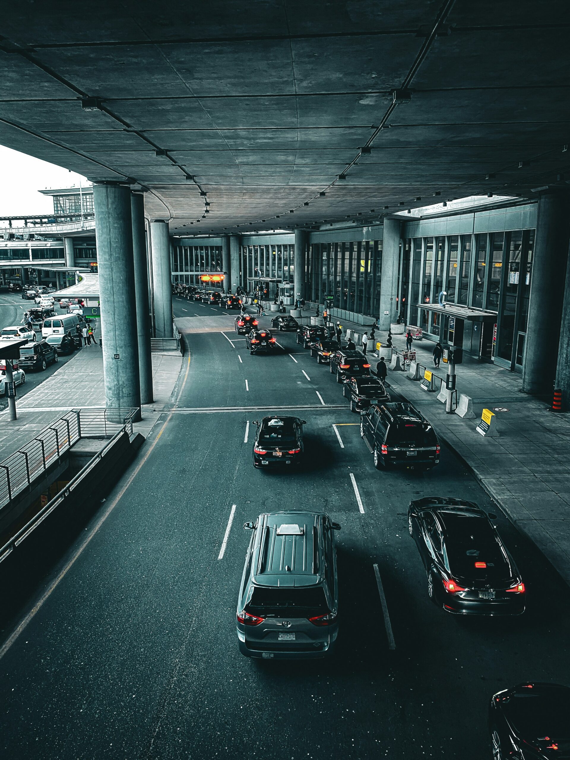 Cars lining up along an underpass outside Hamburg Airport