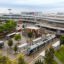 Toulouse, France - September 21, 2021: Modern light rail tram model Alstom Citadis public transport transit at Blagnac airport in Toulouse, France.