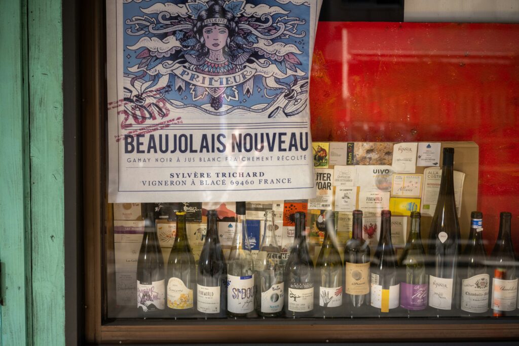 Bottles of French wine in a window shop