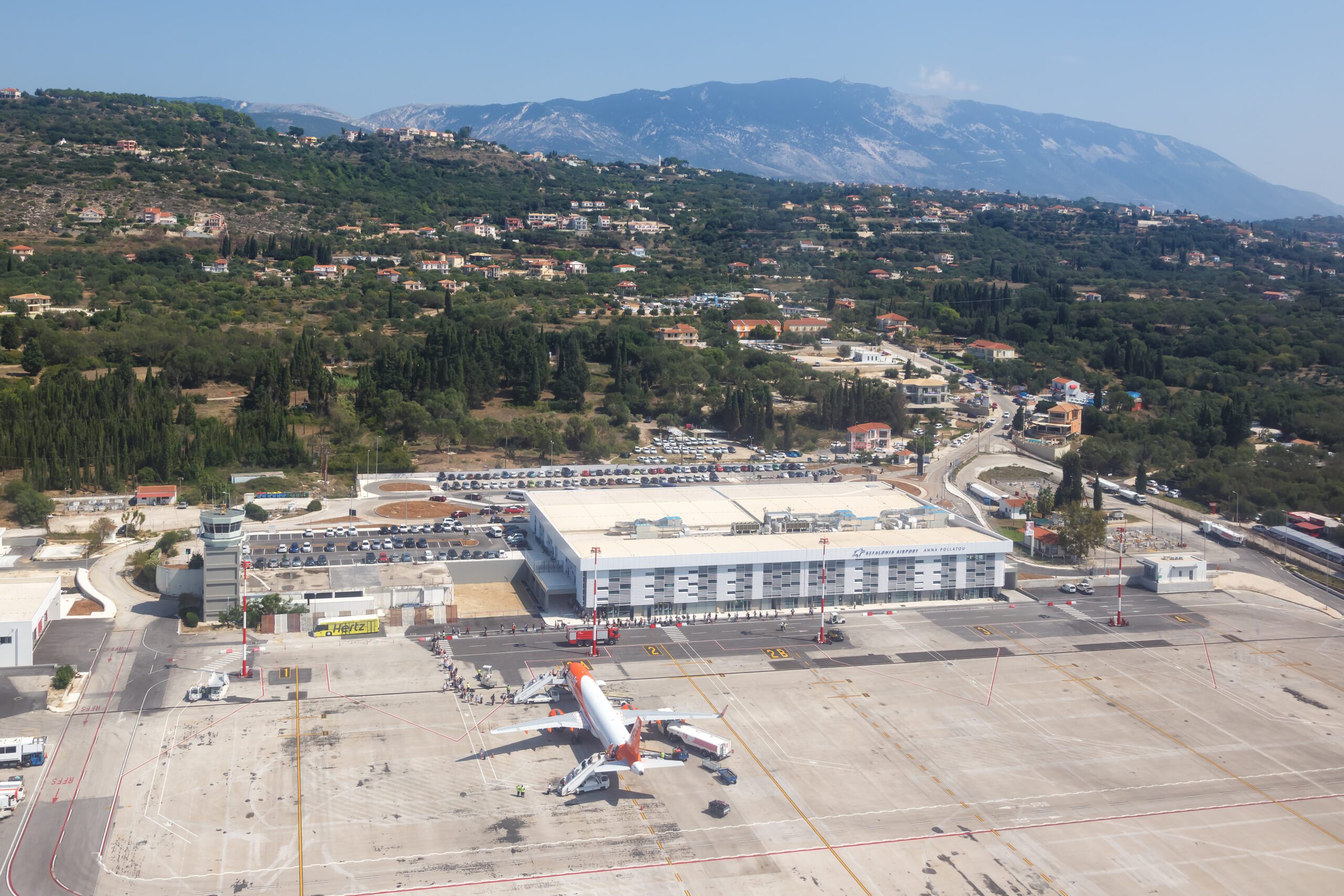 Kefalonia, Greece - September 20, 2020: Terminal building of Kefalonia Airport in Greece.