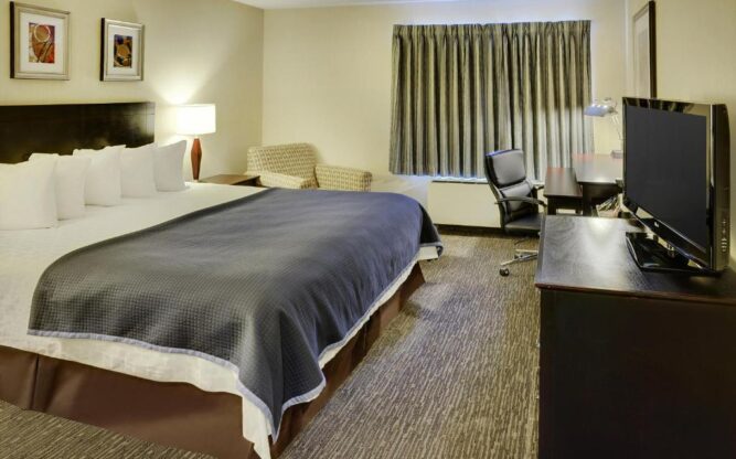 Inside one of the rooms at the Travelodge Hotel Vancouver Airport. King bed with a desk and flat screen tv.