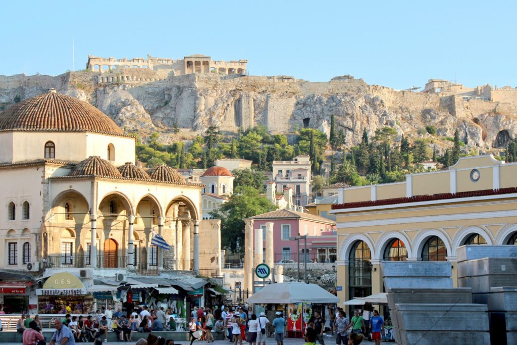 The historic Tzistarakis Mosque and Monastiraki metro station entrance in Athens, Greece, showcasing quick sightseeing options from the airport.