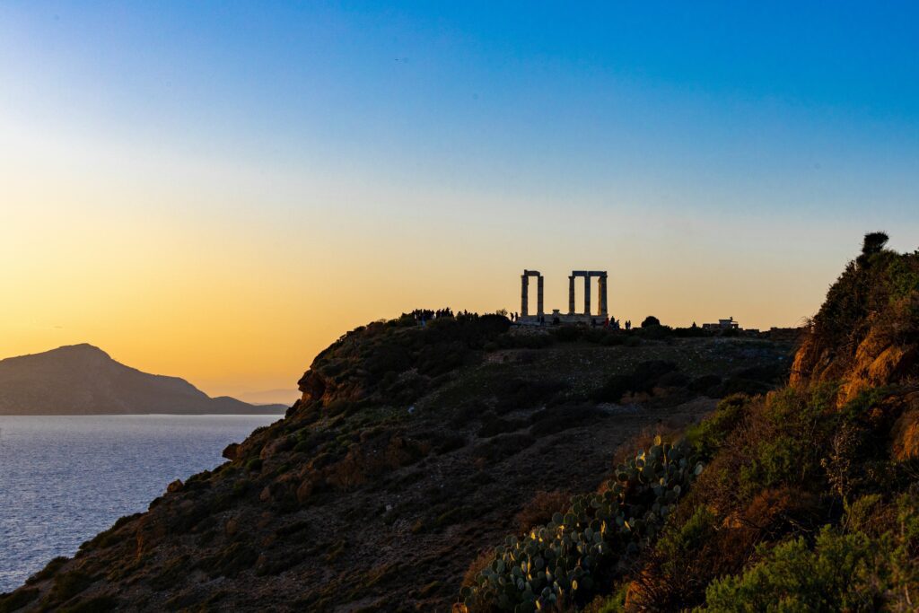Temple of Poseidon at Sounion, Greece during sunset