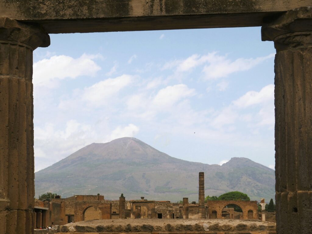 View of Mount Vesuvius from Pompeii ruins