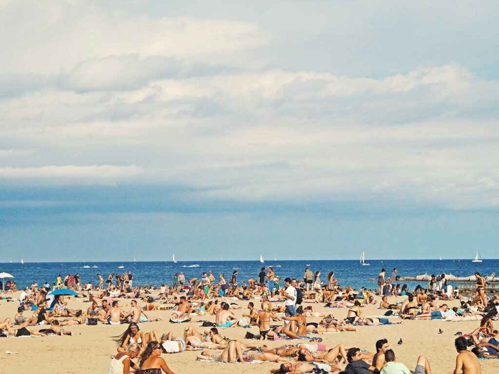Crowded Barcelona beach in Barcelona, Spain