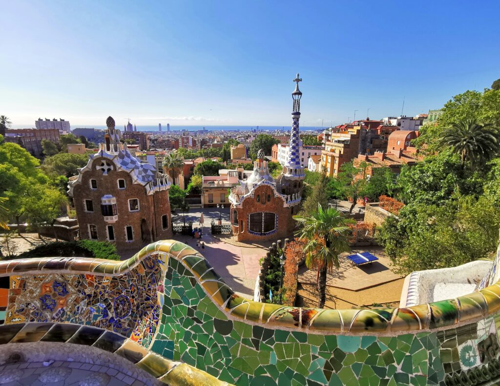 A view from the benches on a summer day at Park Güell in Barcelona, Spain