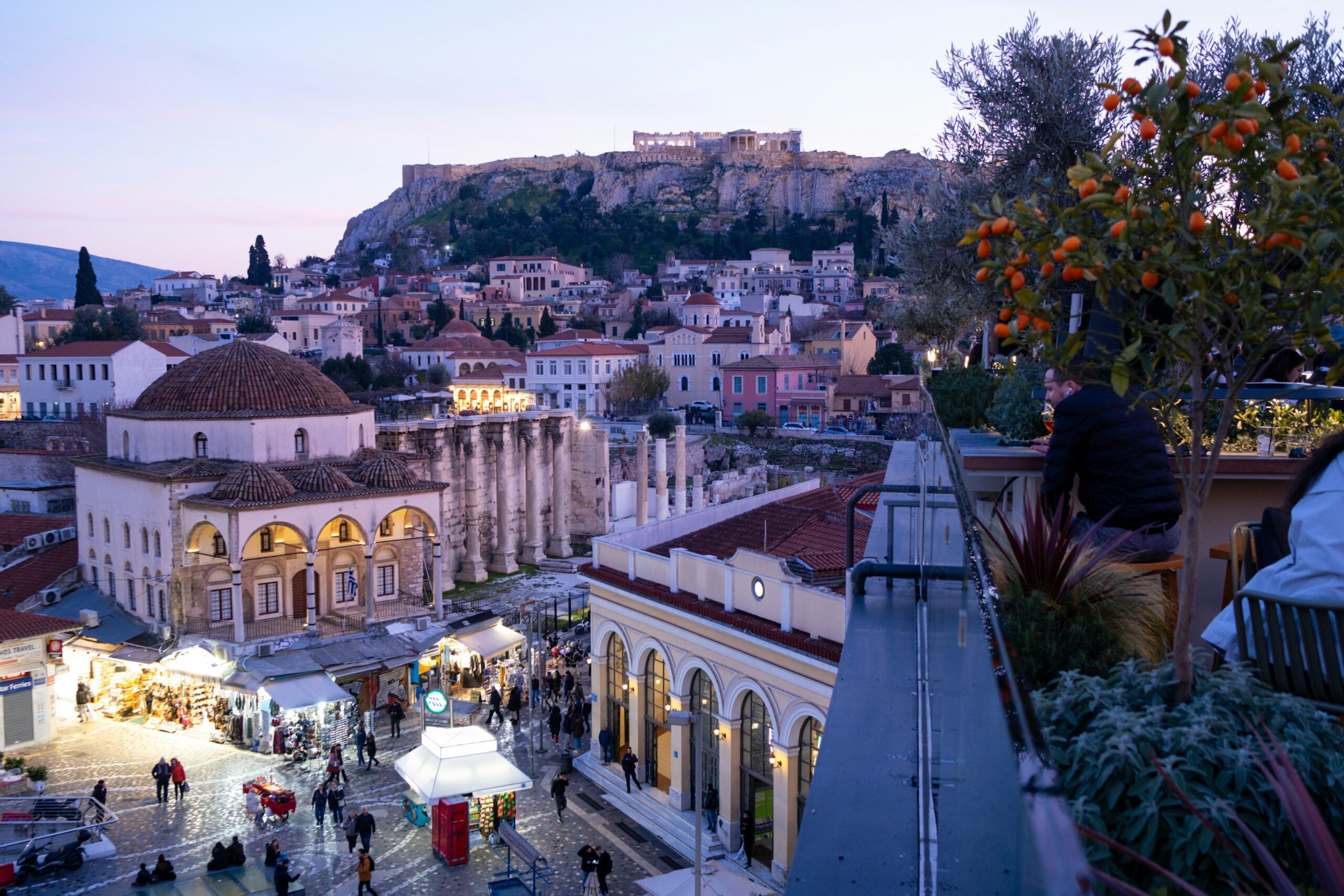 Lisbon in winter time. Dusk as the lights come on and the sun sets.