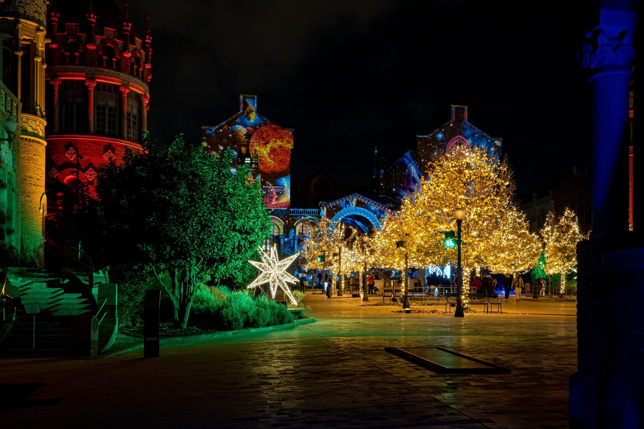 Christmas lights and a Christmas tree in Barcelona central square.