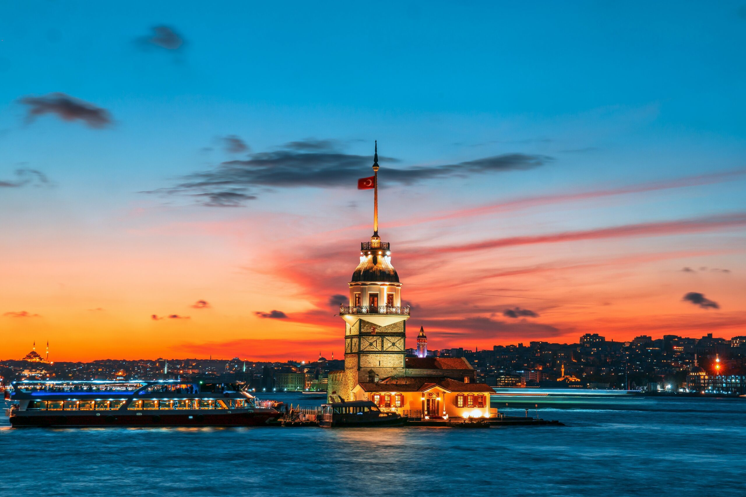 bright orange and blue sunset over the water in Istanbul