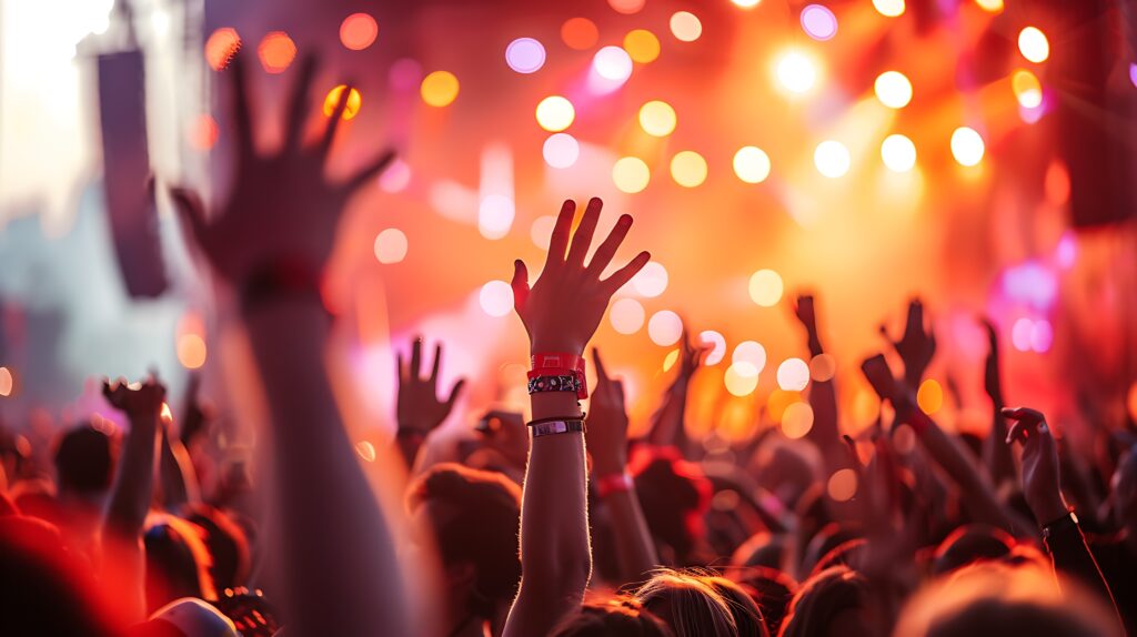 Excited Eurovision 2026 fans, with hands raised at a live concert, are enjoying the music and vibrant stage lighting during the show.