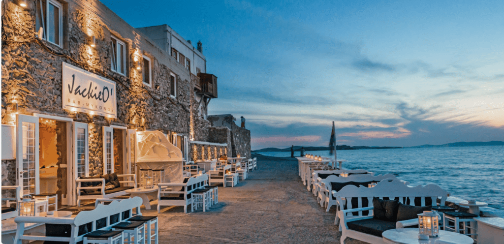 Famous Jackie O bar at Mykonos where emily in paris filming near the sea