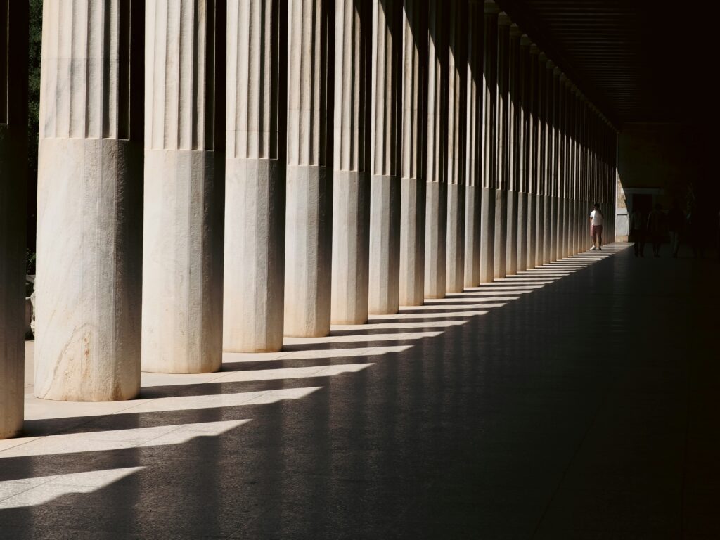 Marble columns of the Stoa of Attalos in the Ancient Agora of Athens, Greece