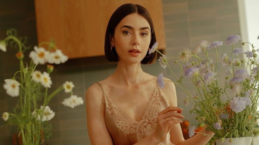 Lily Collins from Emily in Paris on set 