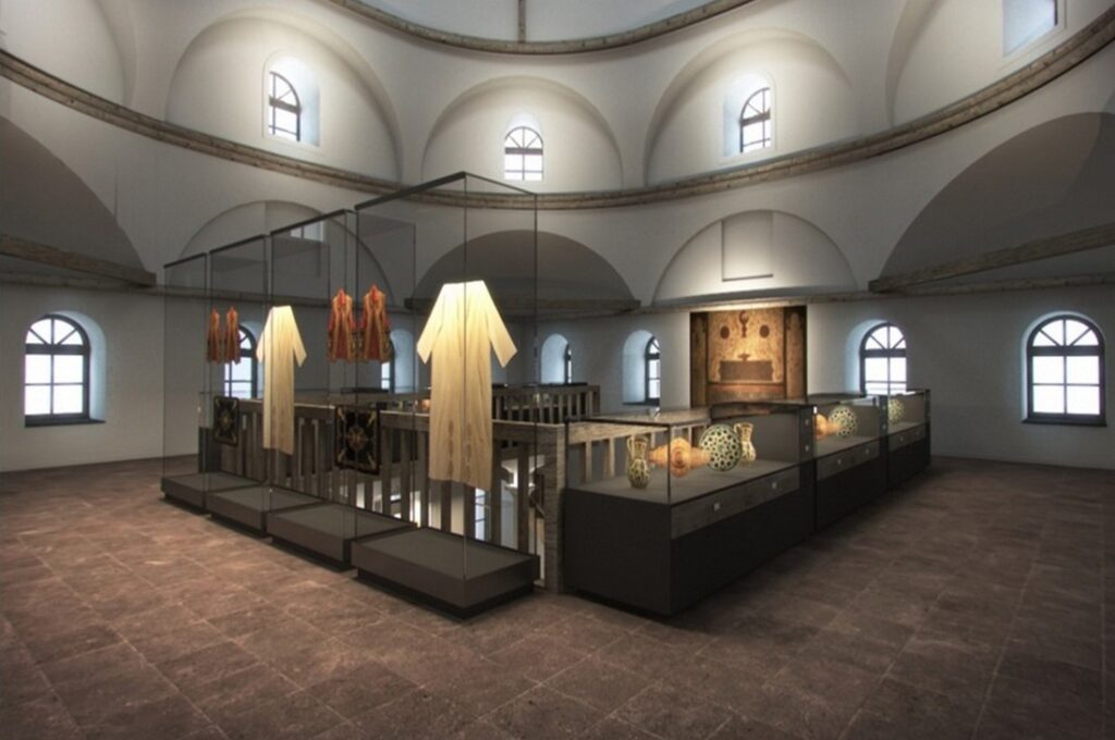raditional Greek folk art collection with historic textiles and decorative artifacts displayed inside the Museum of Greek Folk Art in Athens