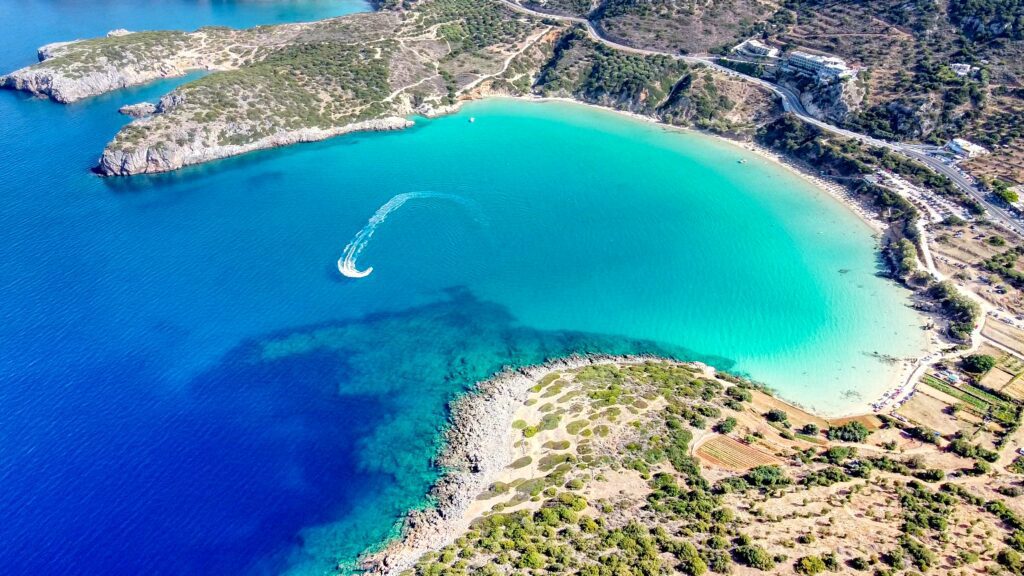 Aerial view of beach with turquoise waters in Crete, Greece